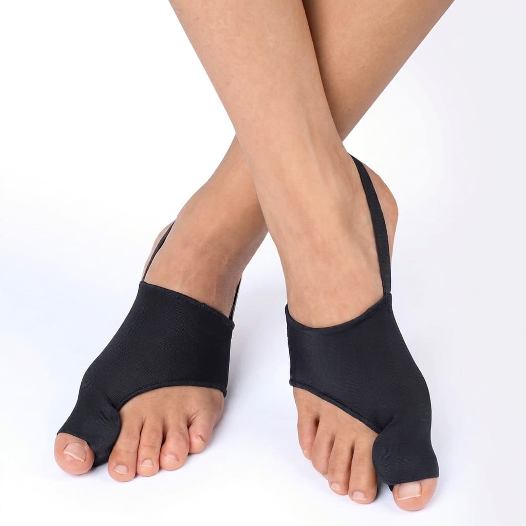 Pair of black bunion corrector sleeves worn on feet against a clean white background, highlighting the front view design