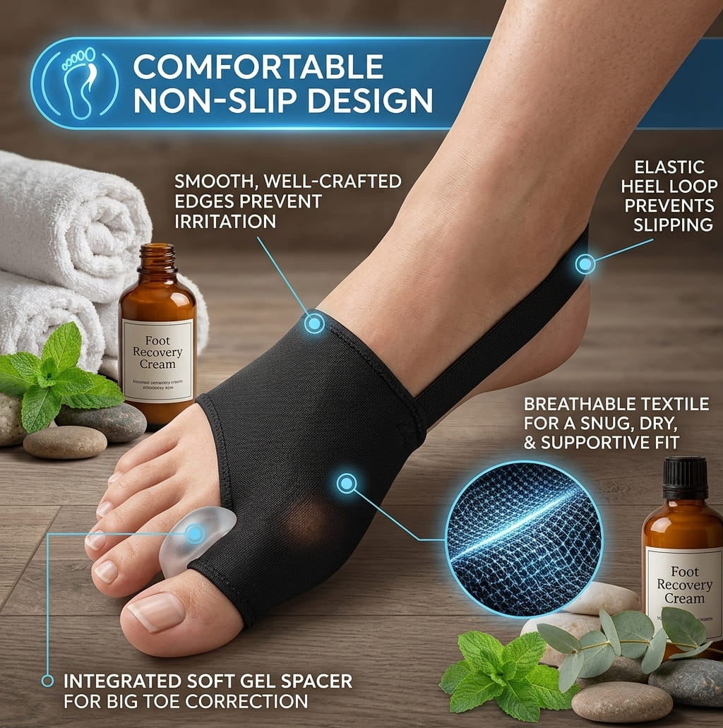 Close-up of a foot wearing a breathable black bunion sleeve featuring an elastic heel loop, smooth edges, and an integrated soft gel spacer