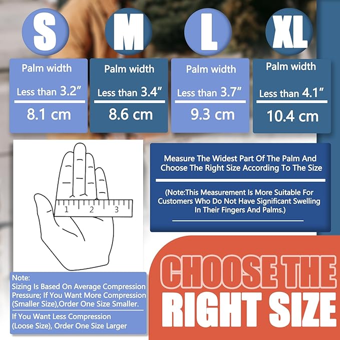 Sizing chart for brown compression gloves showing sizes Small, Medium, Large, and Extra Large based on palm width in centimeters and inches, with a diagram on how to measure the hand.