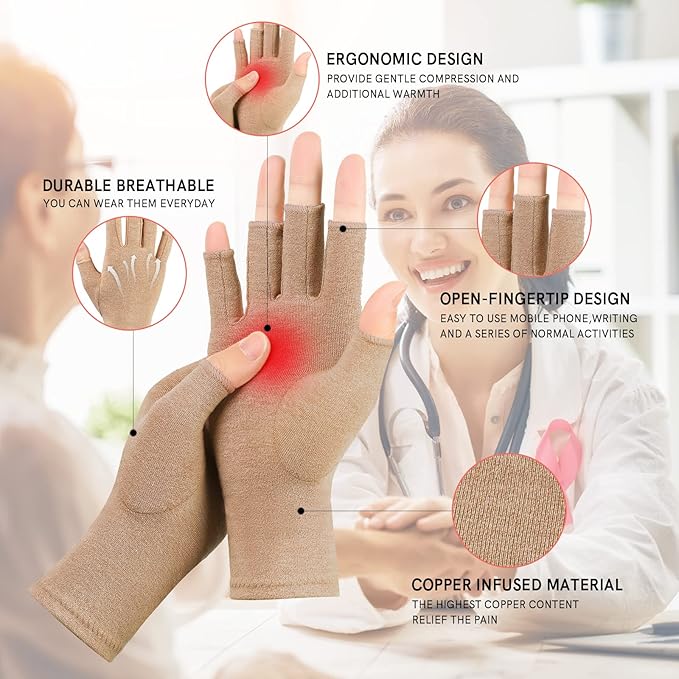 Medical infographic showcasing the copper-infused material and ergonomic open-fingertip design of brown compression gloves with a doctor smiling in the background.