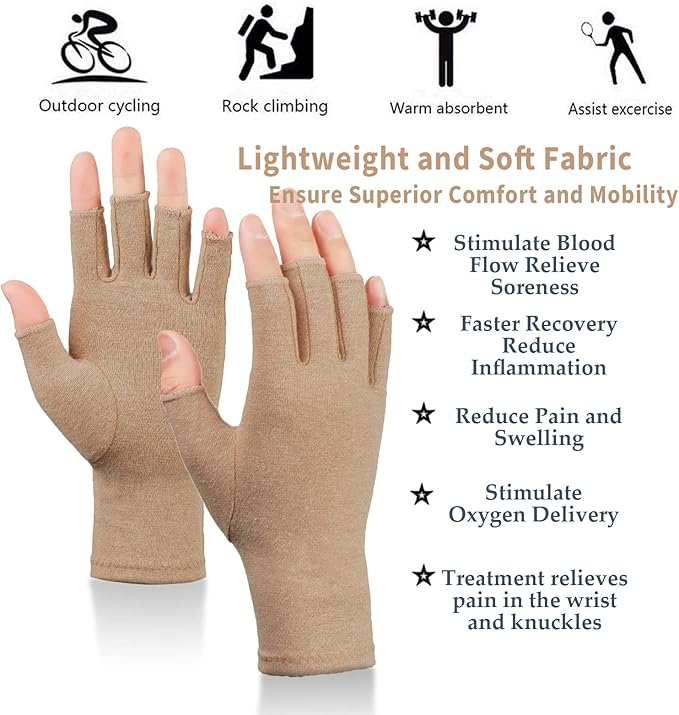 Product diagram detailing health benefits of soft fabric brown arthritis gloves, including stimulated blood flow, faster recovery, reduced inflammation, and swelling relief in wrists and knuckles.