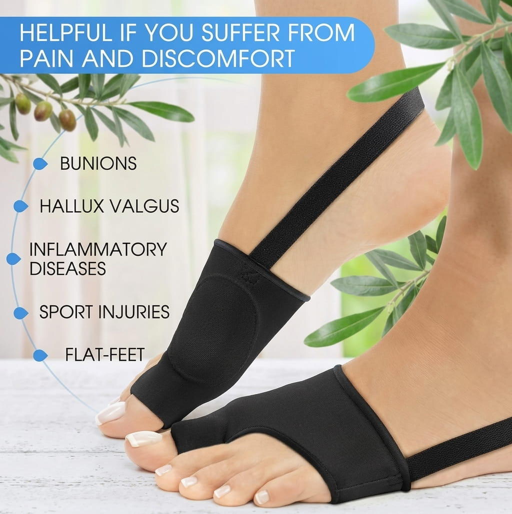 Infographic highlighting how the black bunion sleeve helps relieve pain and discomfort from bunions, hallux valgus, inflammatory diseases, and sport injuries