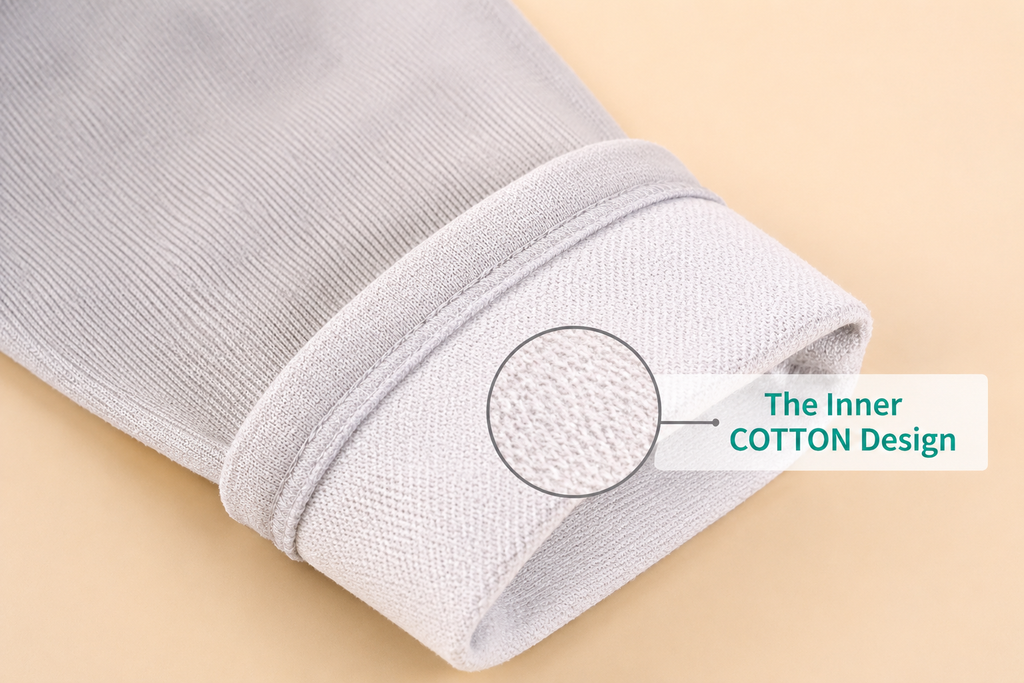 Close-up of a soft compression sleeve showing its breathable cotton inner fabric design