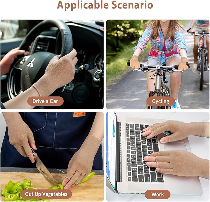 Four-panel lifestyle photo showing a person wearing brown compression gloves while driving a car, cycling outdoors, cutting up vegetables in the kitchen, and working on a laptop keyboard.