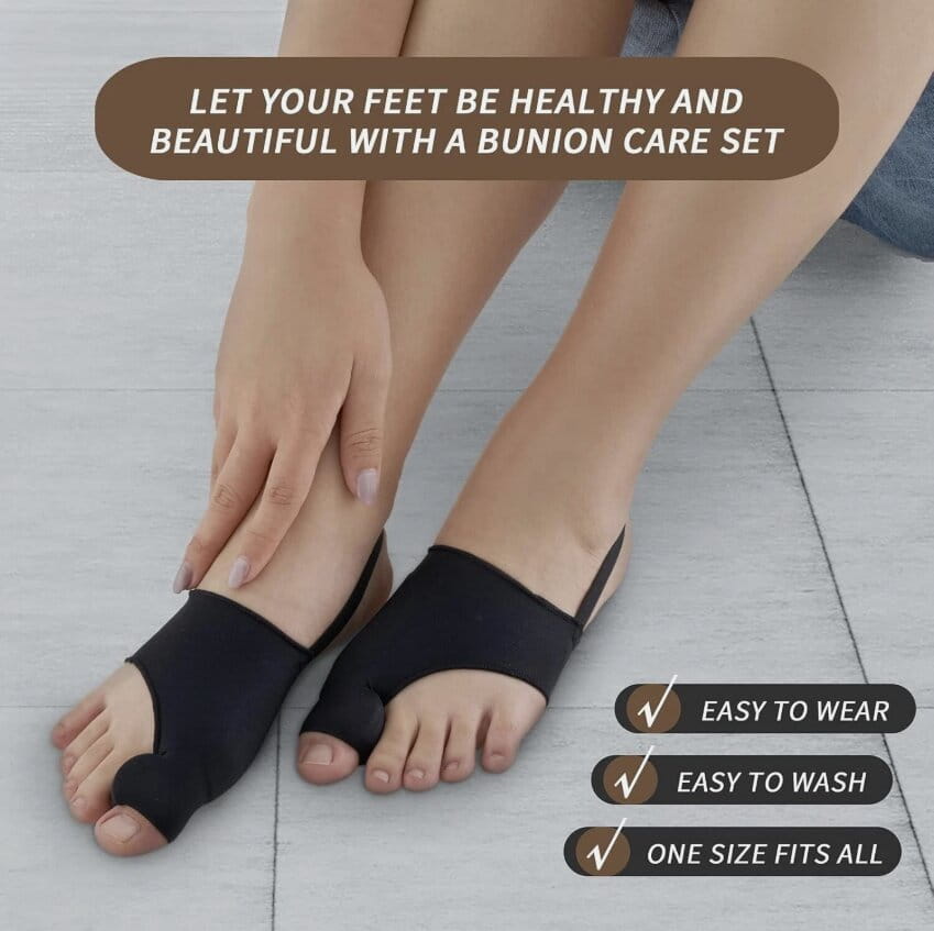 Lifestyle shot of a person wearing black bunion care sleeves with checkmark callouts for easy to wear, easy to wash, and one size fits all