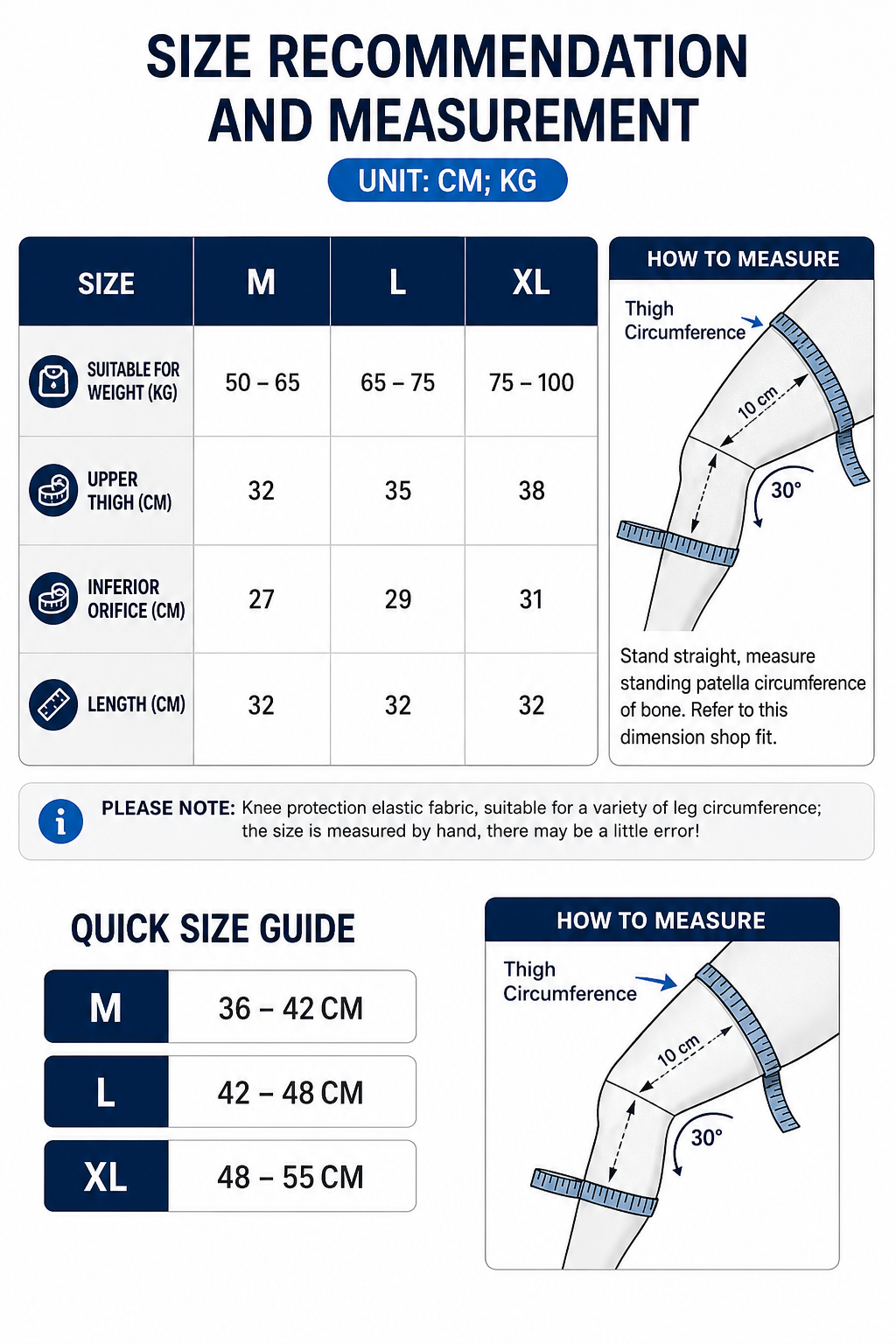 Knee support brace size chart and measurement guide. Includes a detailed sizing table for sizes Medium, Large, and Extra Large based on weight and thigh dimensions, alongside a visual diagram showing how to measure thigh circumference 10 cm above the knee.