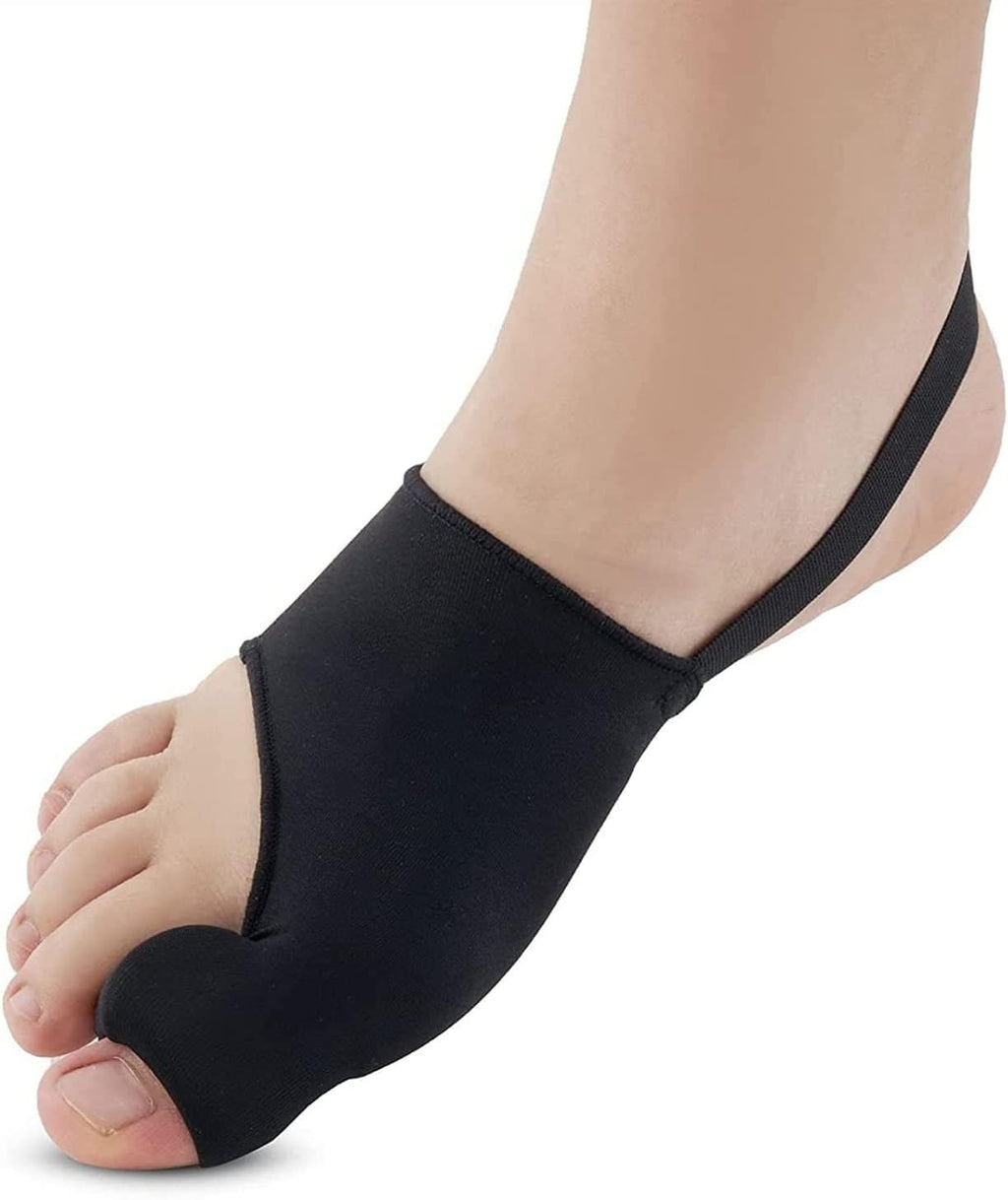 Side profile of a single black bunion corrector sleeve showing the ergonomic fit around the big toe and heel strap