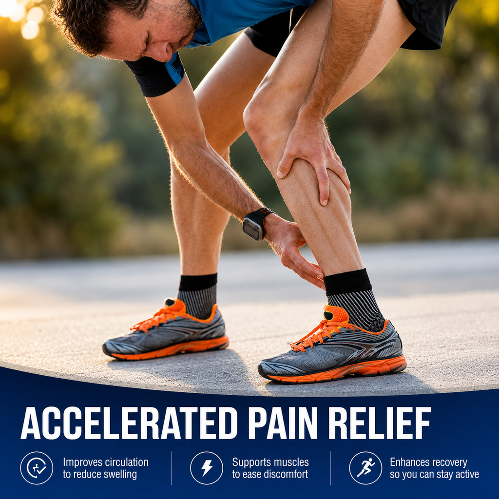 Runner wearing Venaflow compression ankle sleeves to improve circulation, reduce swelling, support recovery and provide accelerated pain relief.