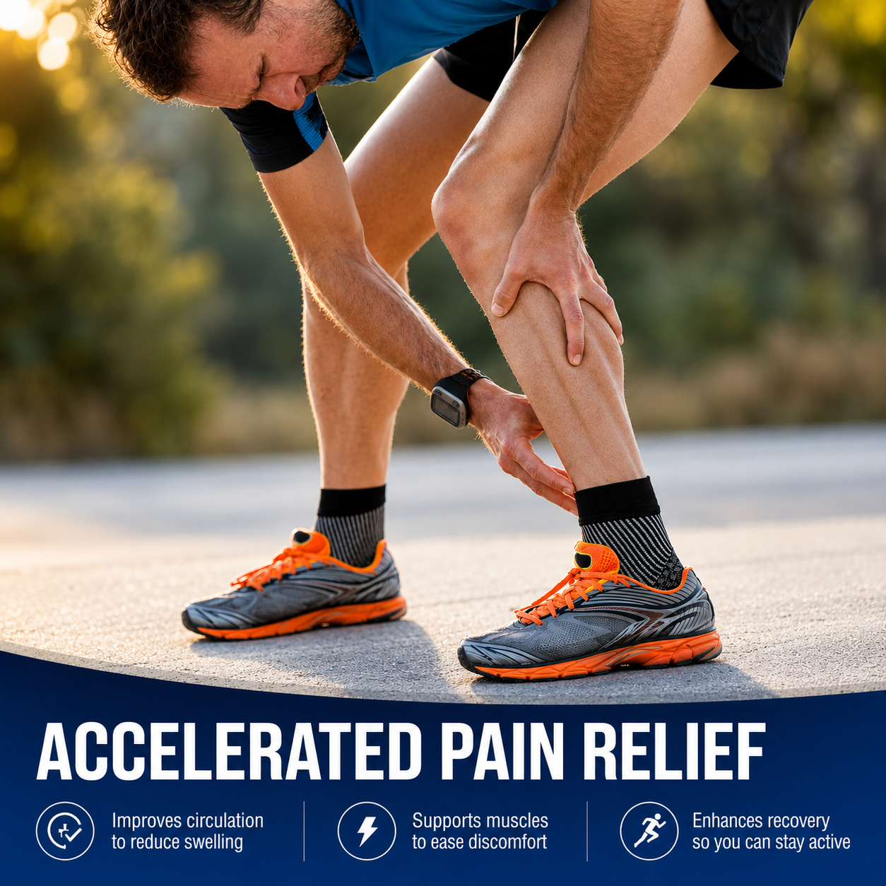 Runner wearing Venaflow compression ankle sleeves to improve circulation, reduce swelling, support recovery and provide accelerated pain relief.