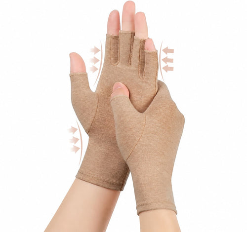 Brown fingerless arthritis compression gloves providing comfortable compression and support for hands, fingers and wrists for everyday wear.