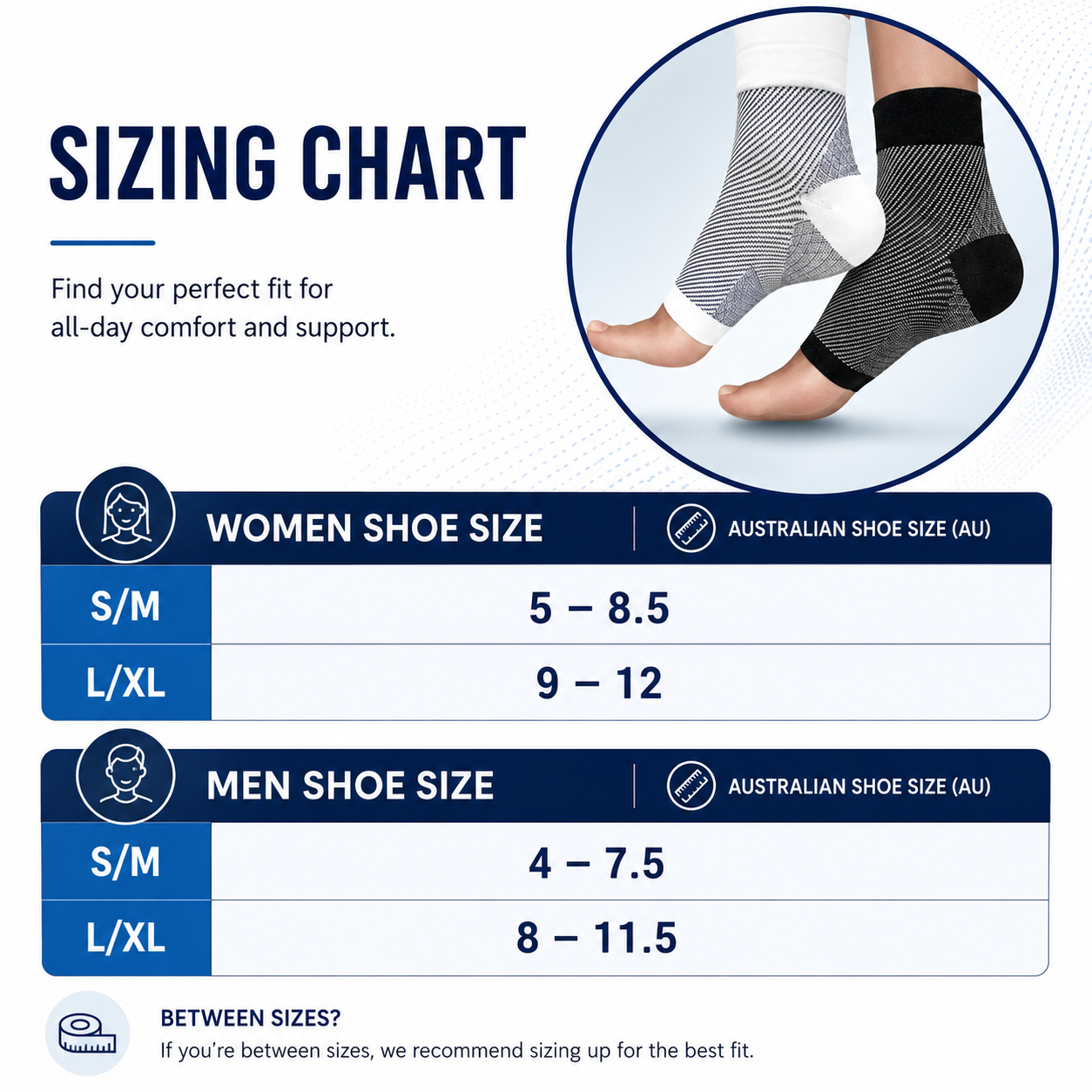 Venaflow compression ankle sleeves Australian sizing chart for men's and women's shoe sizes to help choose the correct fit.