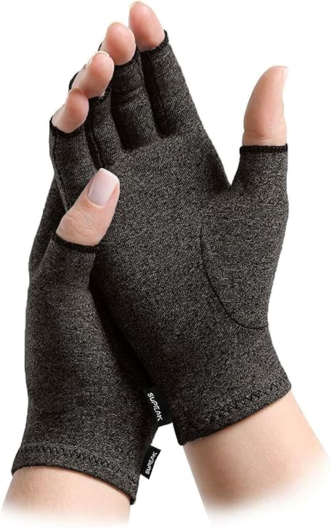 Grey fingerless arthritis compression gloves offering lightweight compression and comfortable support for hands, fingers and wrists.