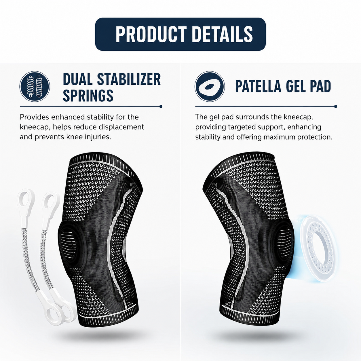 Venaflow knee support brace featuring dual stabilizer springs and a patella gel pad for enhanced knee stability, compression, pain relief, and joint protection during daily activities and sports.
