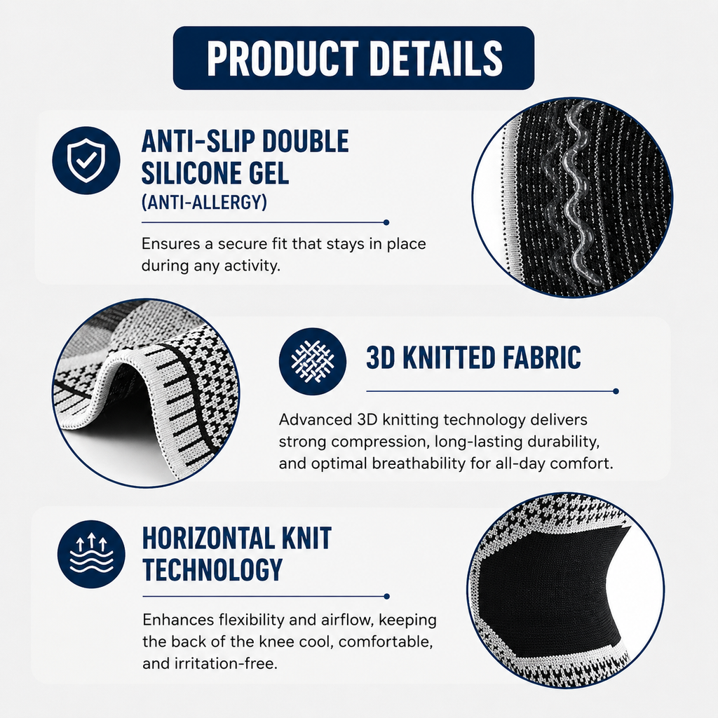 Venaflow knee compression sleeve featuring anti-slip double silicone gel, premium 3D knitted fabric, and breathable horizontal knit technology for secure fit, lasting compression, enhanced stability, and all-day comfort.
