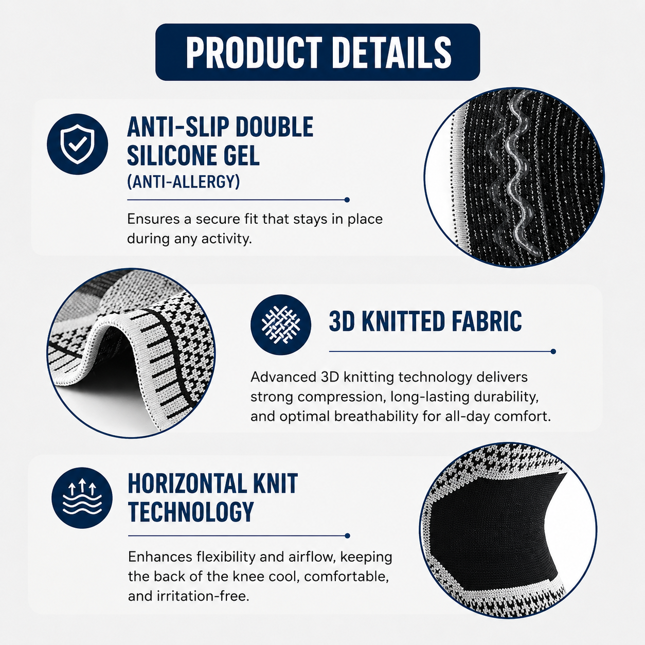 Venaflow knee compression sleeve featuring anti-slip double silicone gel, premium 3D knitted fabric, and breathable horizontal knit technology for secure fit, lasting compression, enhanced stability, and all-day comfort.