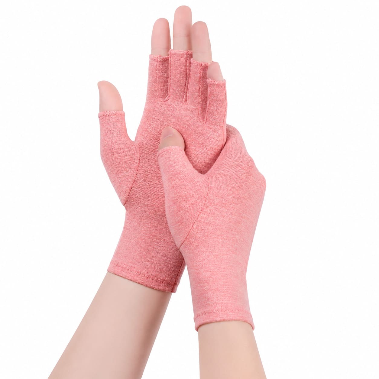 Pink fingerless arthritis compression gloves designed to provide gentle compression and comfortable support for hands and wrists.