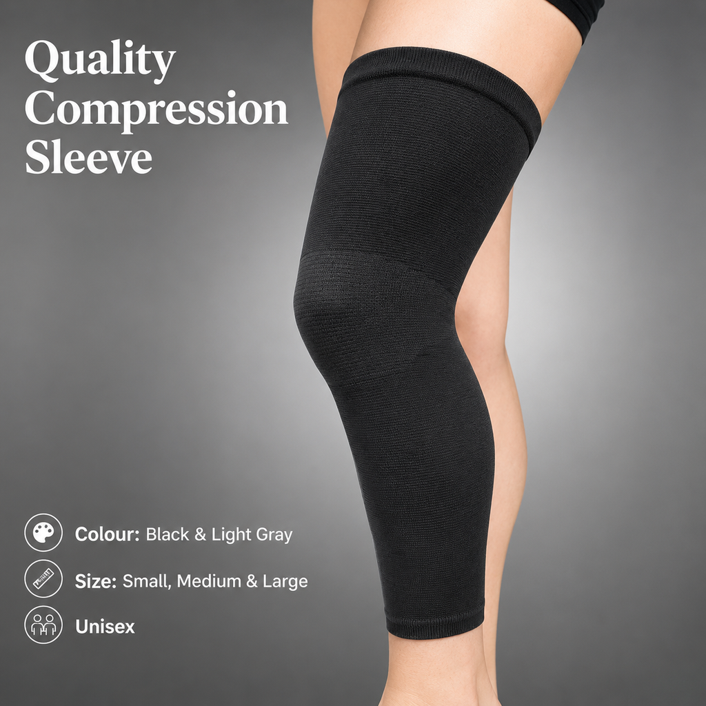 Venaflow quality compression knee sleeve in black, shown on the leg