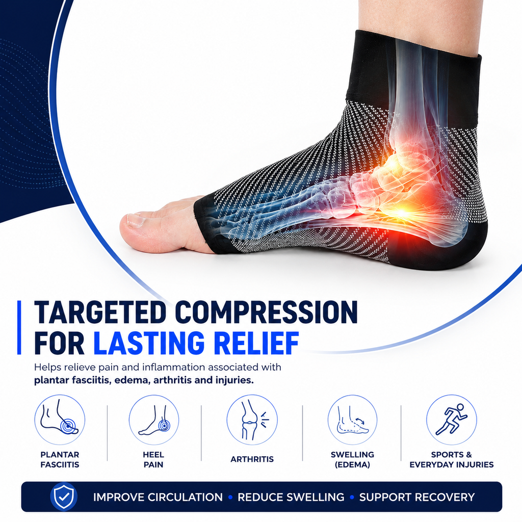 Targeted compression ankle sleeves supporting plantar fasciitis relief, heel pain, arthritis, swelling and sports recovery with graduated compression.
