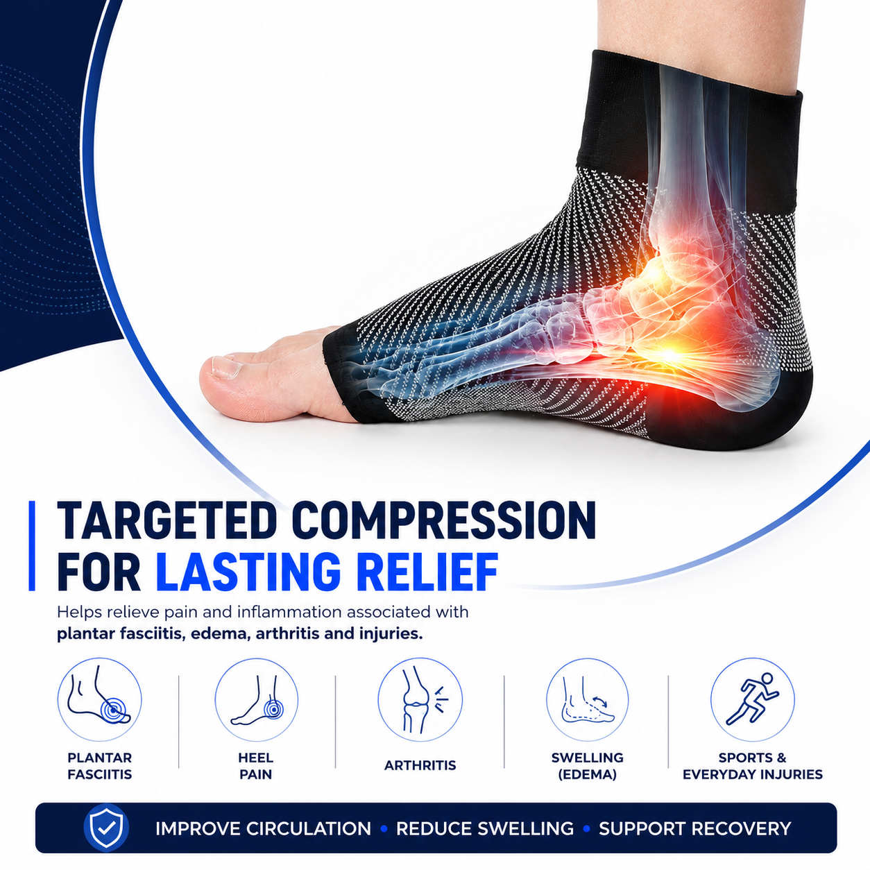 Targeted compression ankle sleeves supporting plantar fasciitis relief, heel pain, arthritis, swelling and sports recovery with graduated compression.