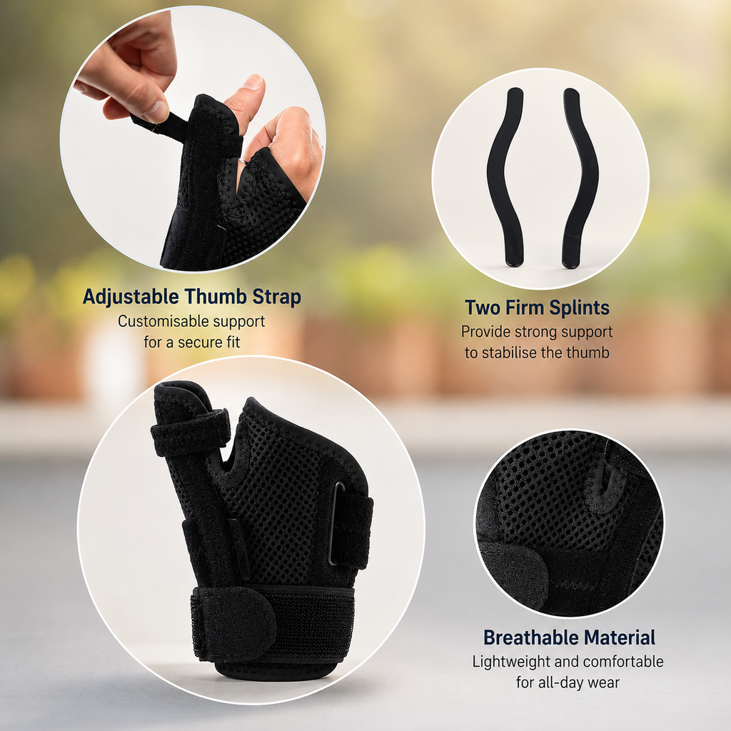 Venaflow adjustable thumb brace featuring an adjustable thumb strap, dual support splints, breathable mesh material, and ergonomic design for thumb stability, arthritis, tendonitis, sprains, and De Quervain's syndrome.