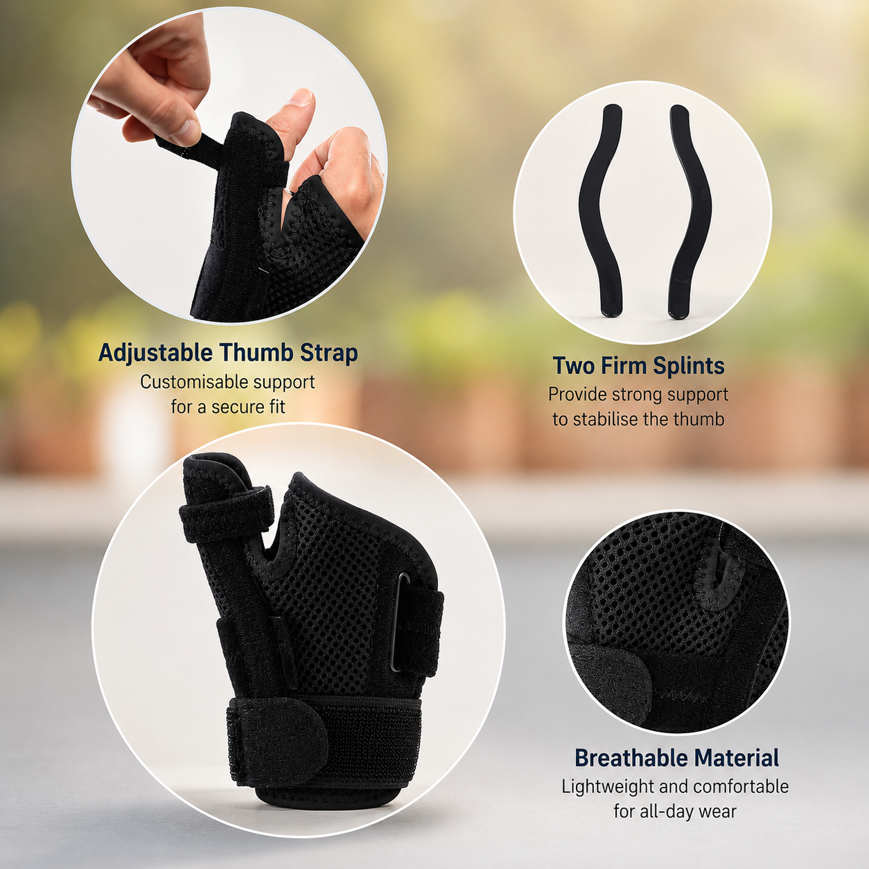 Venaflow adjustable thumb brace featuring an adjustable thumb strap, dual support splints, breathable mesh material, and ergonomic design for thumb stability, arthritis, tendonitis, sprains, and De Quervain's syndrome.