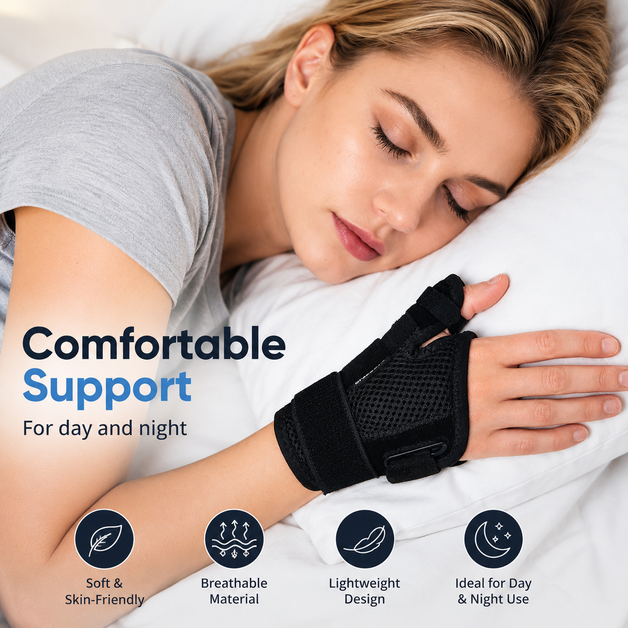 Woman sleeping comfortably while wearing the Venaflow thumb support brace, featuring breathable lightweight compression for overnight support, thumb stabilisation, arthritis relief, and De Quervain's tendonitis recovery.