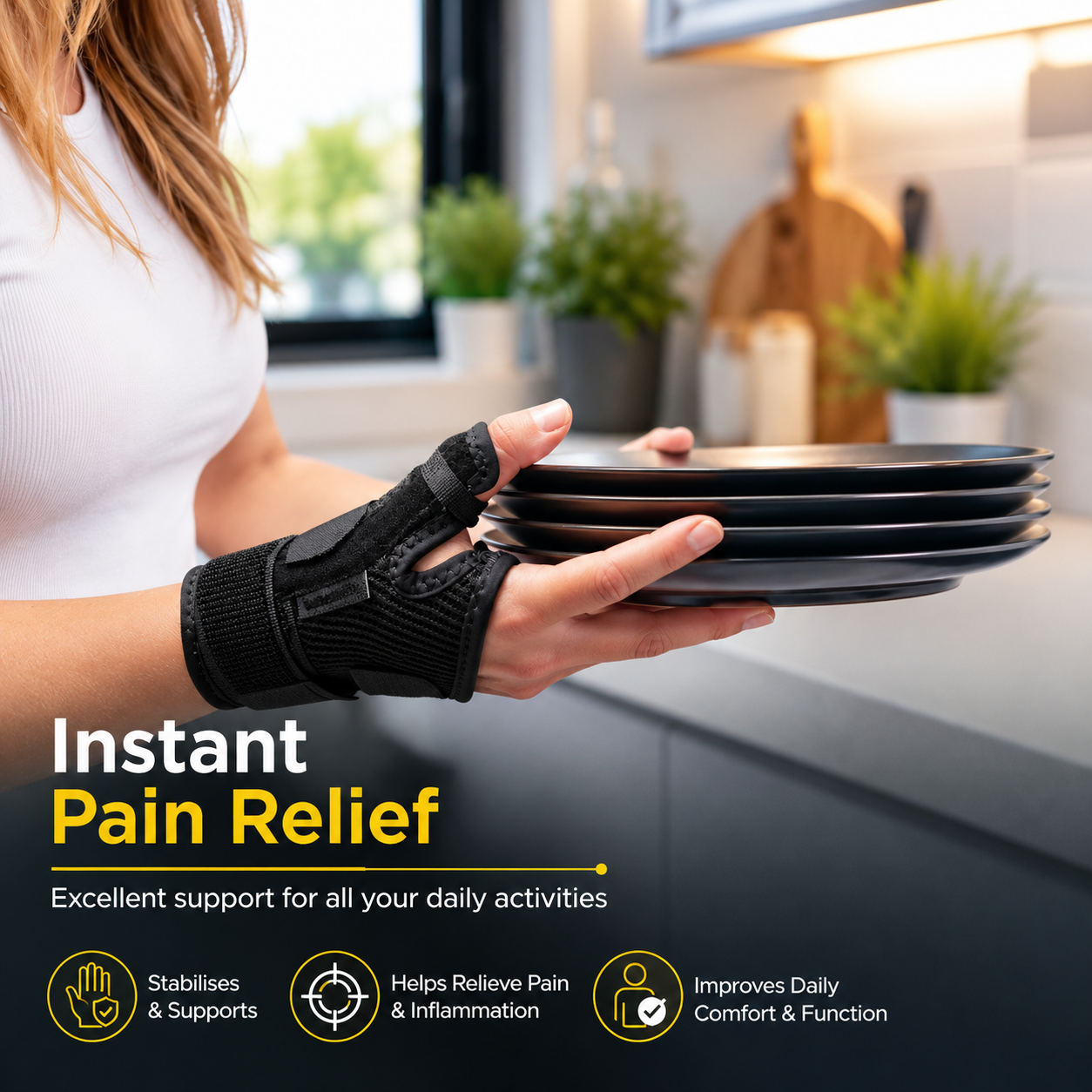 Person wearing the Venaflow thumb support brace while carrying dinner plates, demonstrating instant pain relief, thumb stabilisation, and comfortable support for everyday tasks including arthritis, De Quervain's tendonitis, sprains, and repetitive strain injuries.