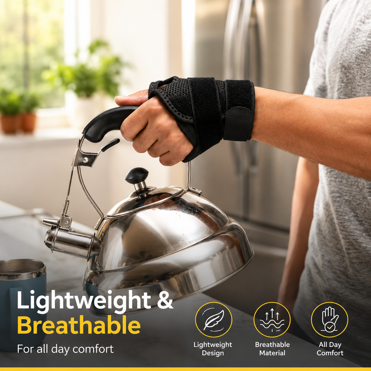 Person using the Venaflow thumb support brace while lifting a kettle, showcasing its lightweight, breathable design for comfortable daily wear, thumb stabilisation, arthritis relief, and De Quervain's tendonitis support.