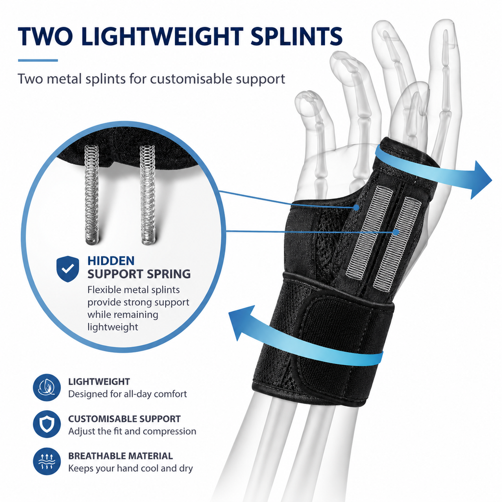 Venaflow thumb brace featuring two lightweight removable metal splints that provide customisable thumb and wrist support for arthritis, tendonitis, sprains, carpal tunnel, and De Quervain's syndrome while maintaining comfort and flexibility.