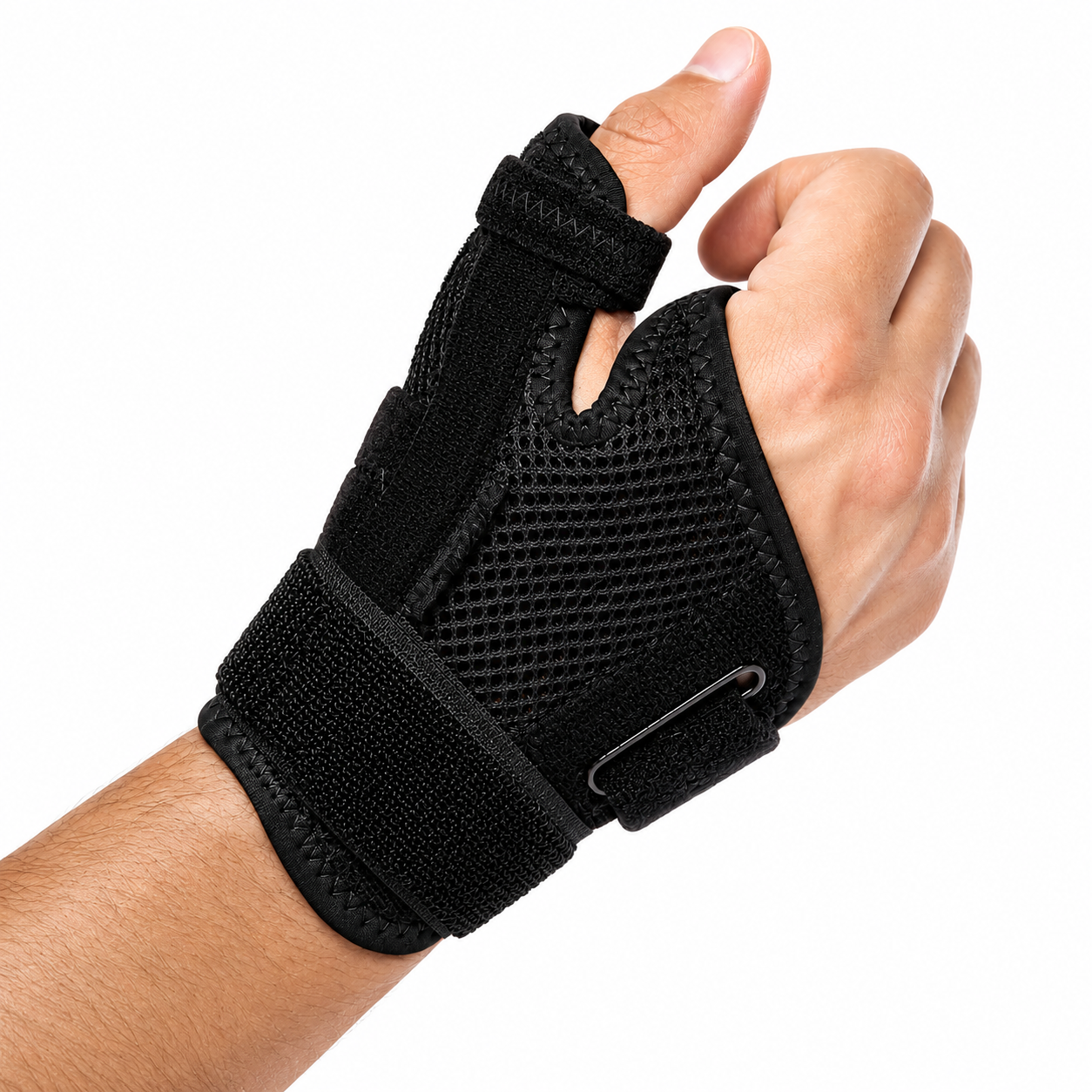 Venaflow thumb spica support brace with adjustable straps and breathable mesh fabric providing stabilisation for thumb arthritis, De Quervain's tendonitis, sprains and wrist support on a white background.